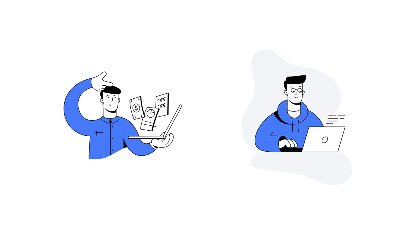 Ілюстрація для e-learning курсу: персонаж у синій мантії створює магічний ефект, розкидаючи гроші й конверти, що підкреслює фінансовий аспект успішного продакт-менеджменту